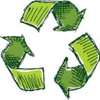 Photo of a colored in green pencil sketch of a recycling arrow symbol.
