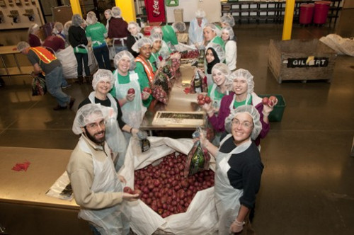 Students serving at the Oregon Food Bank as part of Spring Into Action Community Service Day at Lewis & Clark.