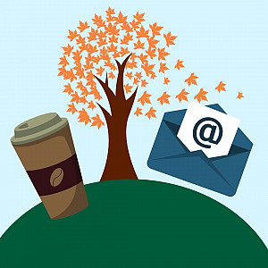 Cartoon graphic of to-go coffee cup, tree with orange leaves, and email sticking out of an envelo...