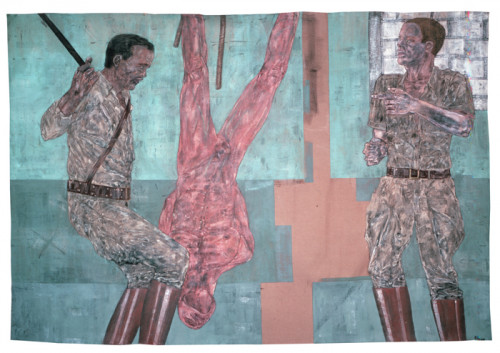 Leon Golub, Interrogation I (2), 1980-81, Acrylic on linen, 120 x 176 inches, The Broad Art Foundation, Santa Monica, Art © Estate of Le...
