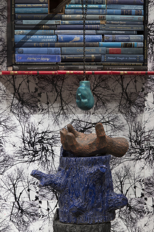 Relics of a Tale (detail), 2014, Earthenware, cast glass, cast iron, books, digital images, silver leaf, and mixed media. Dimensions vari...