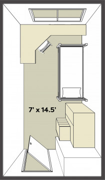 A room diagram for a typical single occupant space in Copeland Hall. The dimensions are 7' x 14.5...