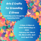 Confetti background with two blue circles with info about Arts & Crafts for Grounding and Stress Management Workshop spring 2024