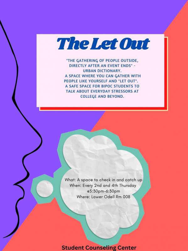 Flyer half purple half coral with face silhouette with talk bubble with info about The Let Out group Spring 2024