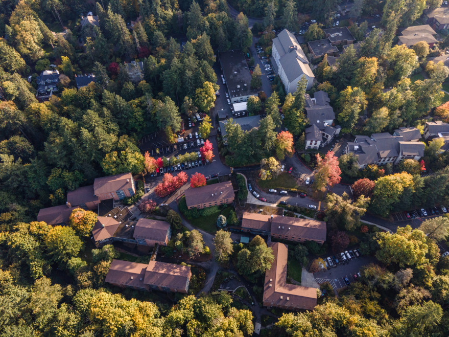 An overhead look at the residential side of the Lewis & Clark College campus.