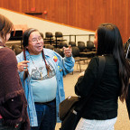 Ed Edmo, storyteller, poet, playwright, and consultant to the Smithsonian on Native American culture, talks with students at the second a...