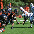 The Pioneer offense prepares for another drive in their home game against Macalester.