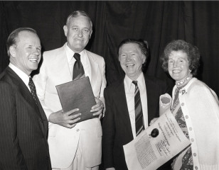 William Stafford's inauguration as Oregon Poet Laureate, April 1974. From left: Lewis & Clark's President John Howard, Governor Tom McCall, William Stafford, Dorothy Stafford.