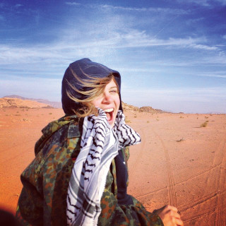 Samantha Robison BA '08 in Wadi Rum, Jordan (Photo by Leah O'Bryant).