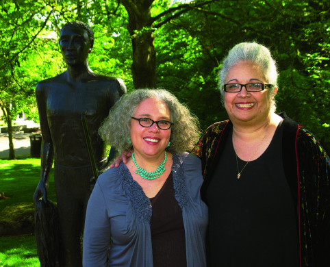 Valerie White (right) with artist Alison Saar at the dedication of York: Terra Incognita.