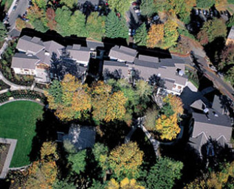 Above: An aerial view of the angled rooftops of West, Roberts, and East halls.