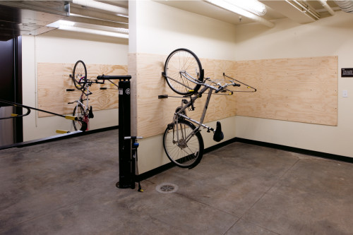 A bike room and repair station.