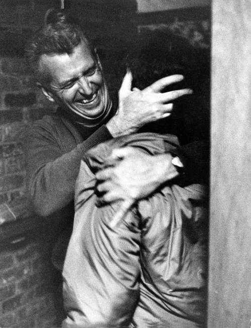 The Berrigan brothers, Daniel and Philip, embrace as they meet after going into hiding. April 1970.