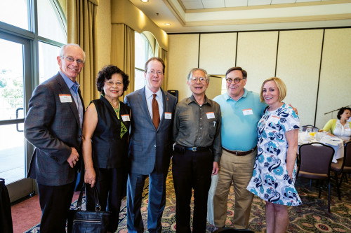 Board Chair Scott Dubchansky, Esther Lee '63, President Barry Glassner, Edward Lee, and Parents Council members Mark Wine and Carol Wine.