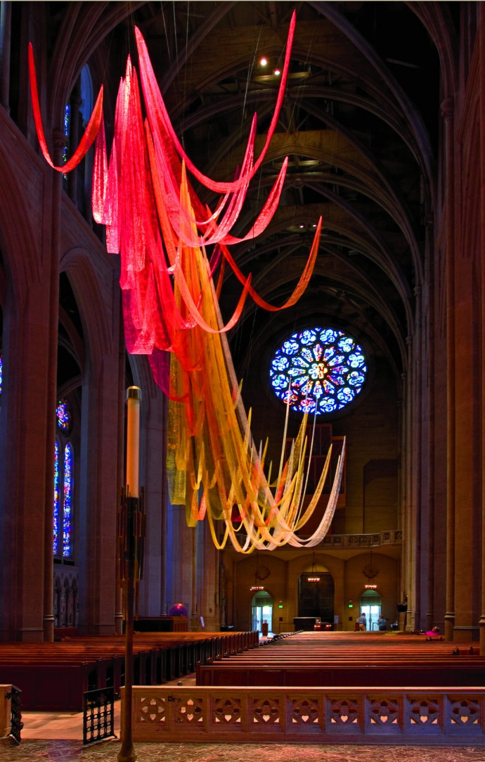A temporary installation of 50 painted nylon-net strips for Pentecost at Grace Cathedral in San Francisco.