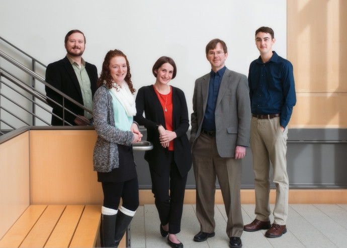 From left: Assistant Professor Ben Gaskins, Katie Kowal BA '17, Assistant Professor Ellen Seljan, Associate Professor Todd Lochner, and Z...