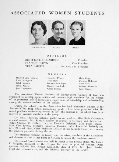 Associated Women Students of Northwestern College of Law yearbook entry