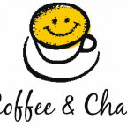 Image of a coffee cup with a yellow smiley face inside of it and the words coffee & chat.