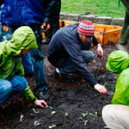 A student work party in January 2010, creating the second student-run garden on campus. Photo courtesy of Kris Lyon '13
