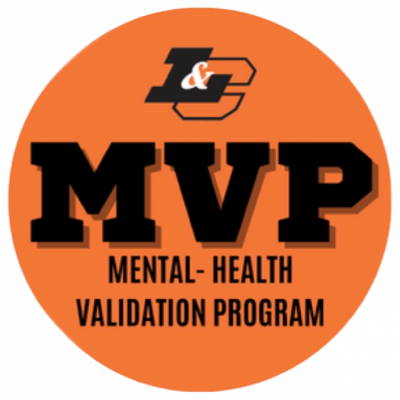 Orange circle with L&C athletics logo and MVP/Mental-Health Validation Program in black text.