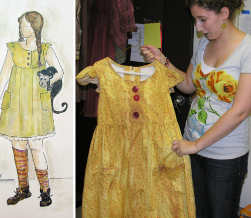 Sophomore Annie Fassler, who will play Little Sally in Urinetown, shows her costume. The inset is a watercolor design of the costume, cre...