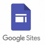Google sites text below a purple paper icon with 3 white boxes inside