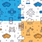 Various technologies such as a computer chip, cloud, cars, and more as vector images with blue and orange tones