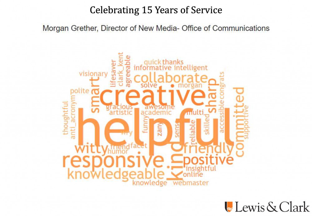 Employee word cloud for Morgan Grether, February 2024: Helpful visionary lifesaver Clark Kent agreeable quick thanks informative intellig...