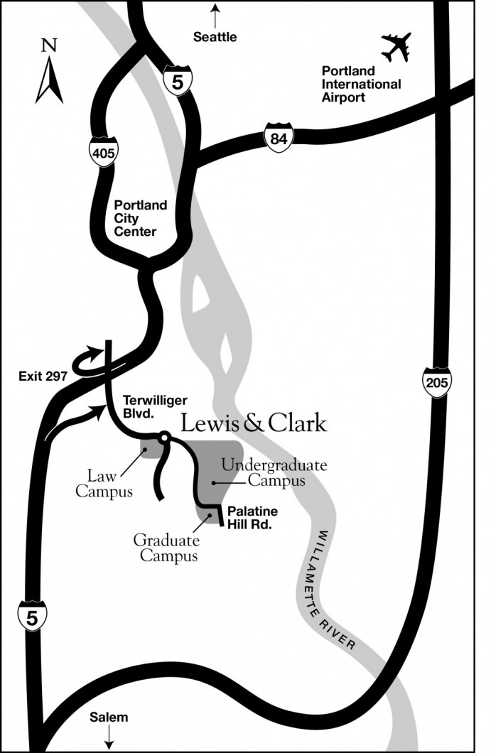 Simplified map of Portland showing basic routes to Lewis & Clark