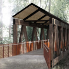 An architectural rendering of the Howard Bridge shows a gabled roof to keep the bridge deck dry a...
