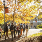 Students walking near Templeton in the fall