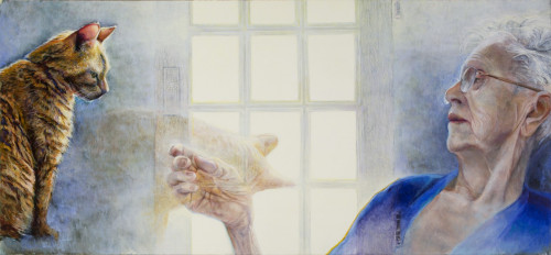 Cleo's Farewell, 2013, Oil and frottage on canvas 39 x 84 inches