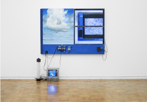 Cloud Control, 2019, Oil on canvas, oil on canvas over wood panel, monitors, CRT television, mini-computer, guitar pedals, cords, cables,...