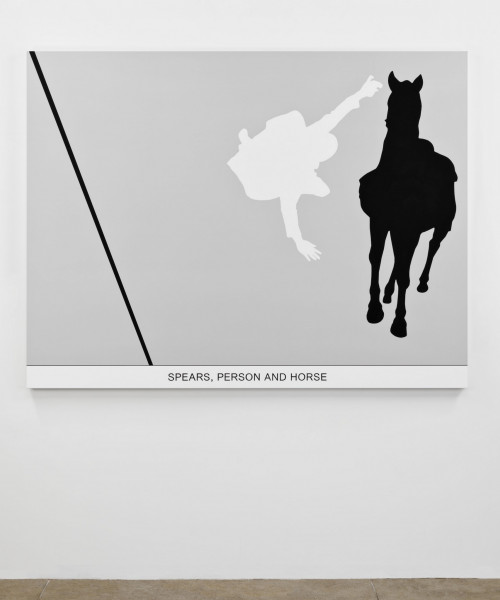 John Baldessari Sediment: Spear, Person and Horse 2010 Varnished archival print on canvas with oil and acrylic paint 54 x 70 inches Colle...