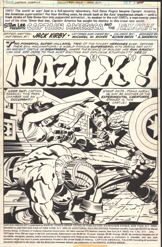 Jack Kirby, Captain America 211, page 1, 1977, © and TM Marvel and Subs., Inker: Mike Royer, Pen ...
