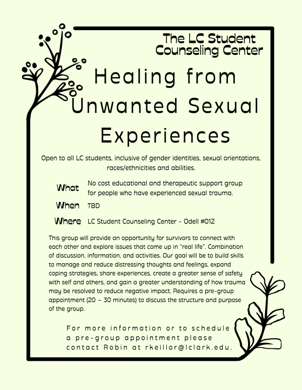 Flyer with light green background and black floral frame and text with info about group Healing from Unwanted Sexual Experiences