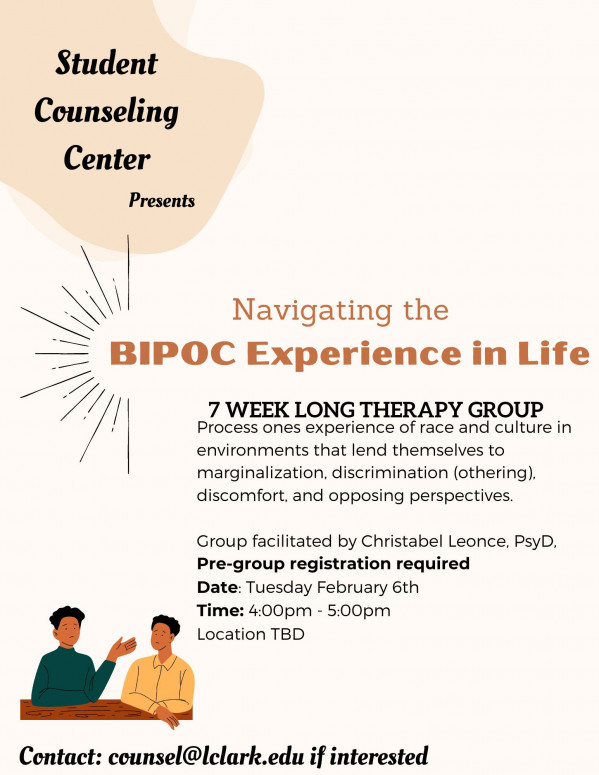 Flyer with cream background, orange title, and black text with info about Navigating the BIPOC Experience therapy group offered Spring 2024