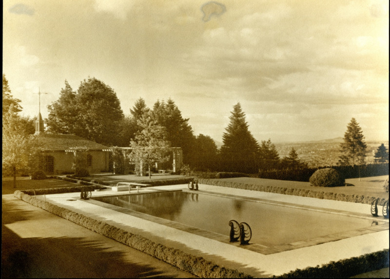 Outdoor Pool with the poolhouse to the north, historical view