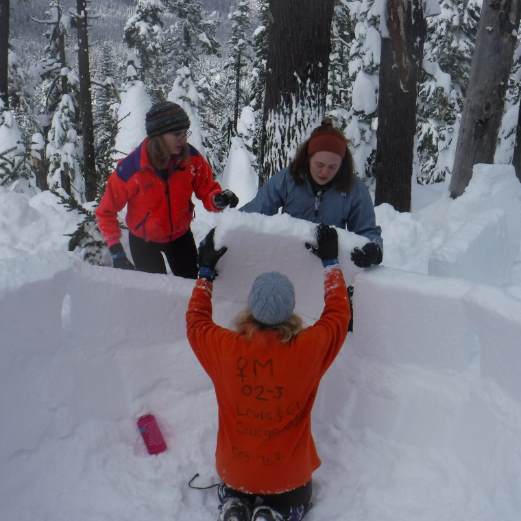 Participants in bright jackets work on building an igloo together.