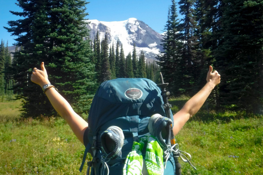 Image shows a person wearing a green backpacking pack. They are facing away from the camera so al...