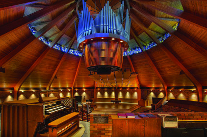 Casavant pipe organ inside Agnes Flanagan Chapel. This Chapel seats 460 people. Stained glass windows depicts the creation story as told ...