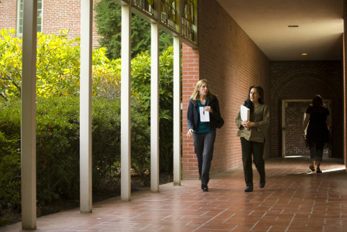 This breezeway opens to the Corbett lawn and runs along the entrance to the York Graduate Center,...