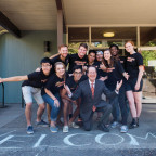 President Barry Glassner (center)—along with Copeland's resident advisor staff and area director—greeted new students during move-in ...