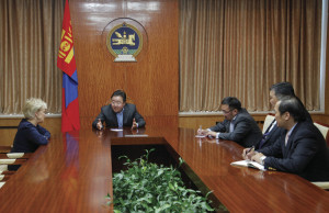 Myrna Ann Adkins with Tsakhiagiin Elbegdorj, president of Mongolia, and other dignitaries.