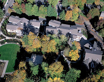 Above: An aerial view of the angled rooftops of West, Roberts, and East halls.