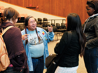 Ed Edmo, storyteller, poet, playwright, and consultant to the Smithsonian on Native American culture, talks with students at the second a...