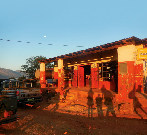 A community store at sunset.