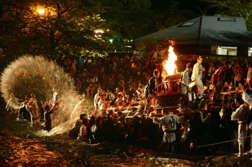 The climax of a fire festival in honor of the Fuji deity.