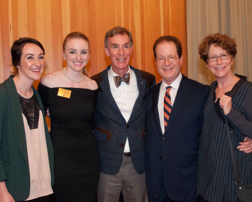 Bill Nye (center) with Sierra Adler CAS '16 , Cassidy Rice CAS '16, and President Barry Glassner and his wife, Betsy Amster.