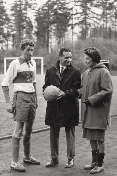 Turner with the men's soccer captain and coach at Lewis & Clark in the 1960s.